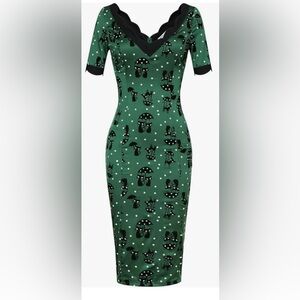 MUXXN. 2XL. Green silky like short sleeve dress, black, cat and umbrella design.